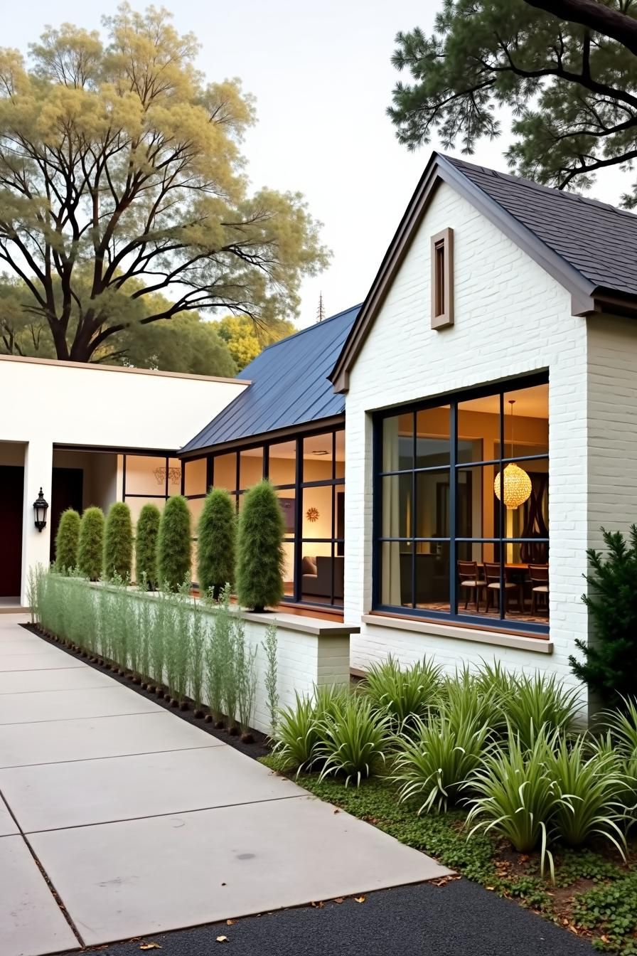 Modern ranch home with white brick and large windows