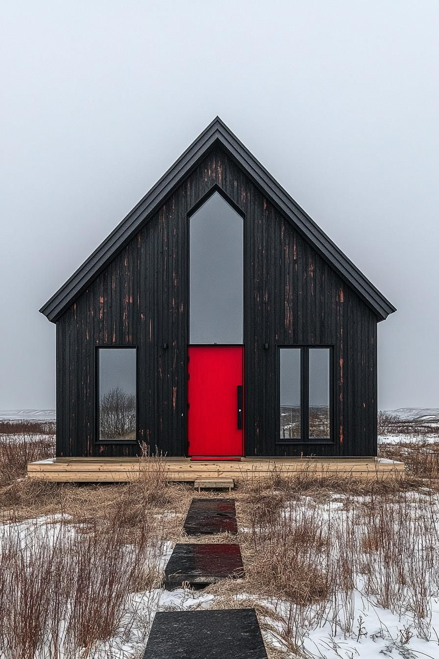 Bold red door on a modern black-clad cabin