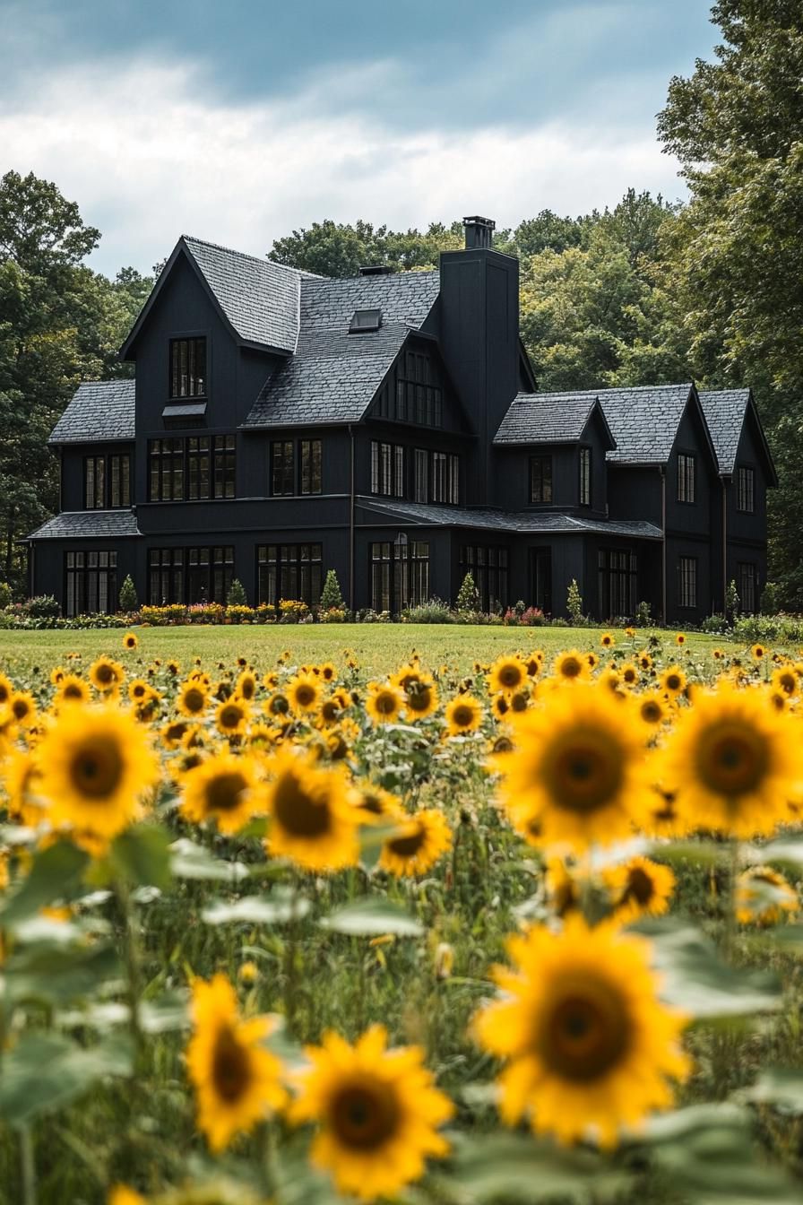 high angle view of large black modern manor house modern windows roof with gables and black shingles in a field of sunflowers contrasting colors