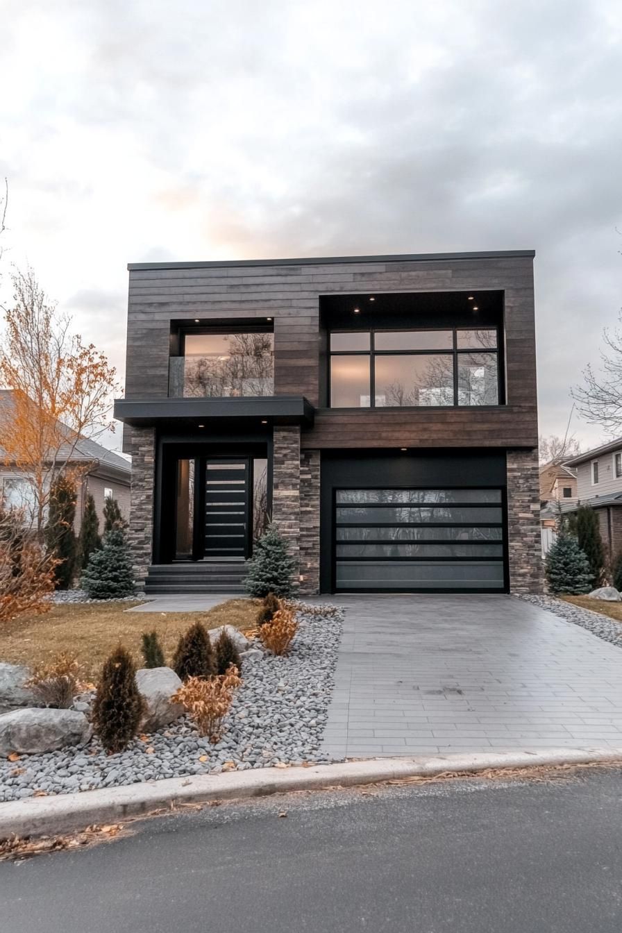 Modern house with a stone facade and geometric design