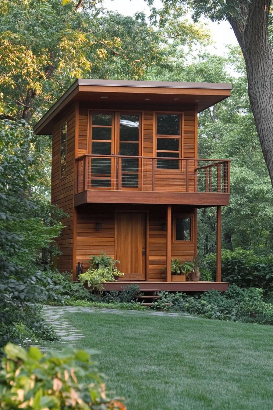 Wooden two-story shed house surrounded by trees