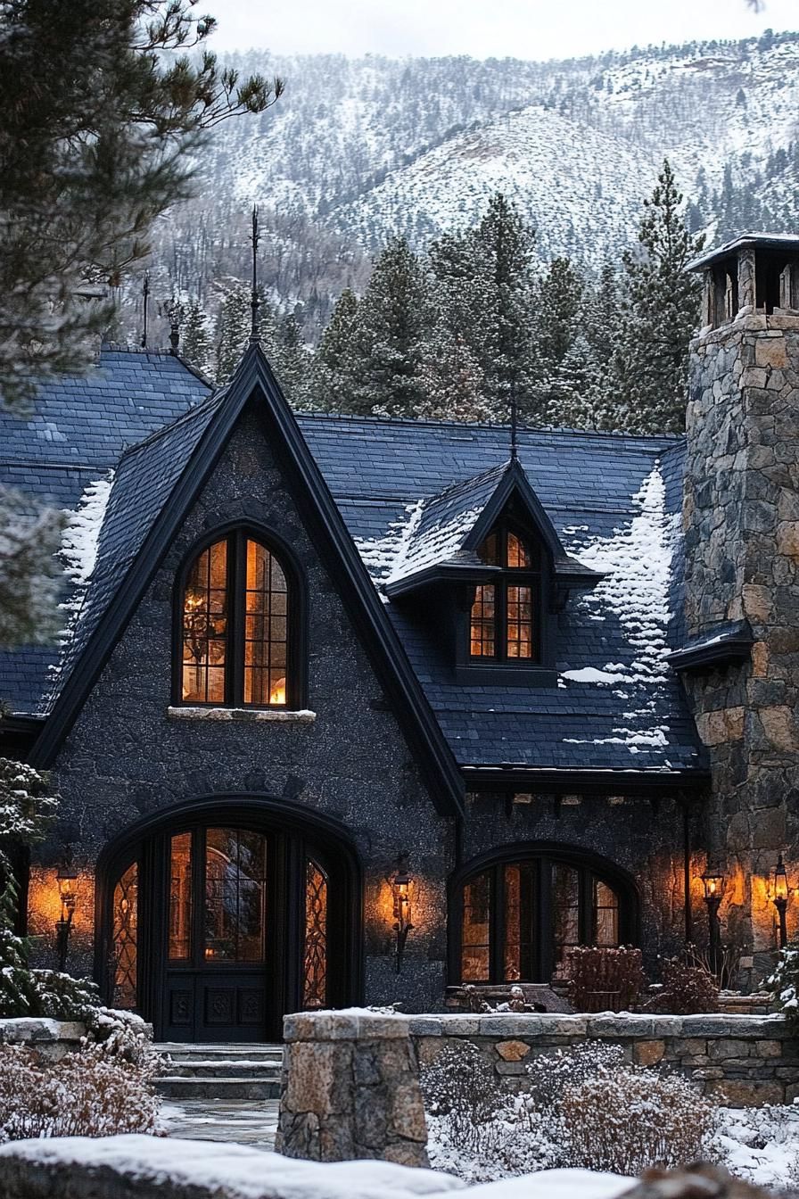 Snow-Dusted Gothic Cottage Surrounded by Trees