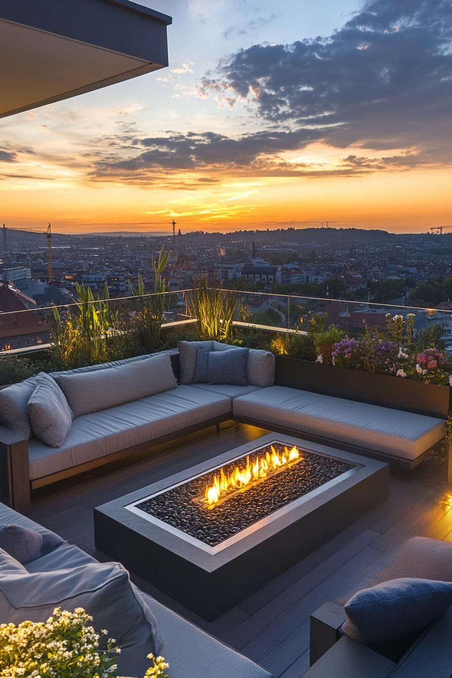 modern rooftop terrace with glass railings modern cushioned furniture LED lighting gas firepit blossoming flower beds sunset view of a city with