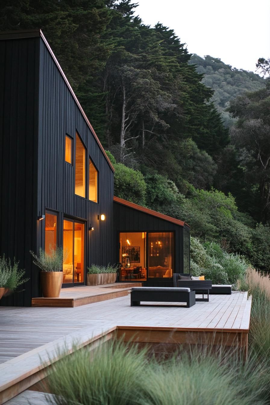 Black modern house with warm lighting and deck in forest setting