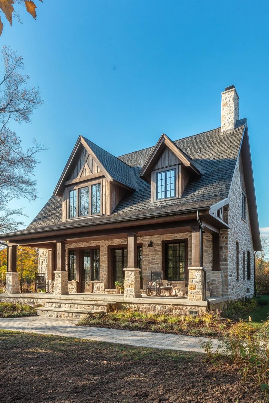 single tory village house with gabled roof and stone facade large porch farmland with trees landscape