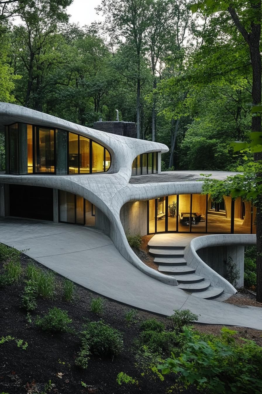 Futuristic home nestled in the forest with curved concrete design