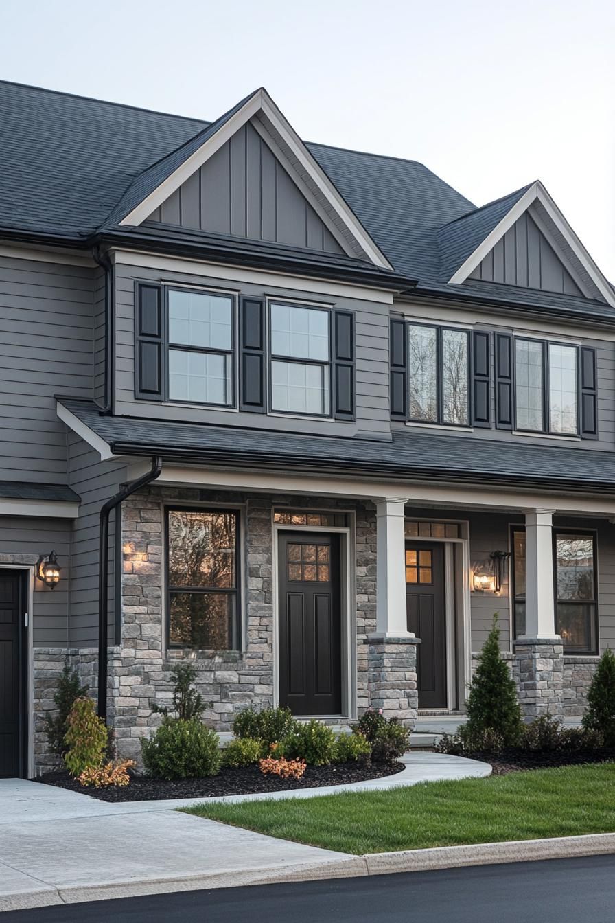 Gray townhouse with stone accents and charming curb appeal