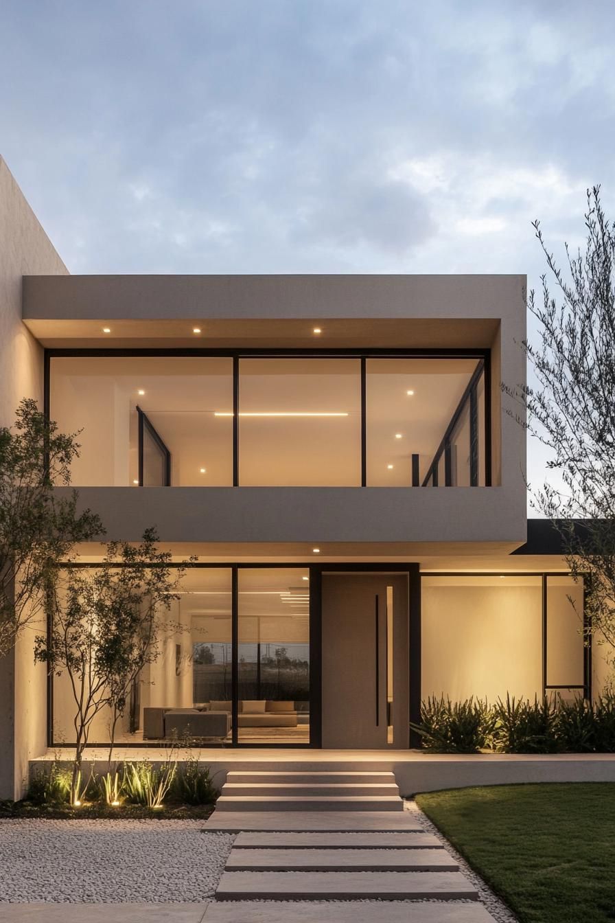 Modern house with large windows at dusk