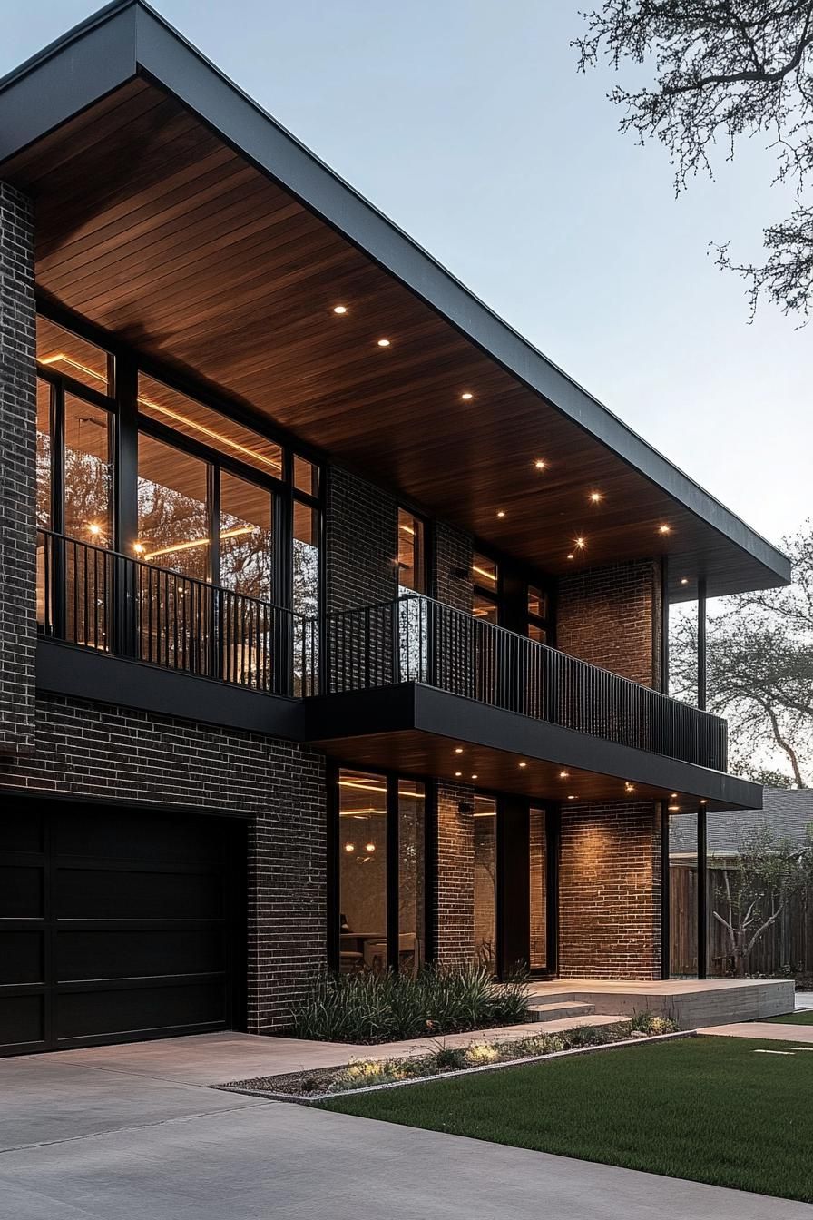 modern villa design in dark slate brick siding tall planked dark wood accent panels tall full glass atrium windows dark wood eaves with LED lights