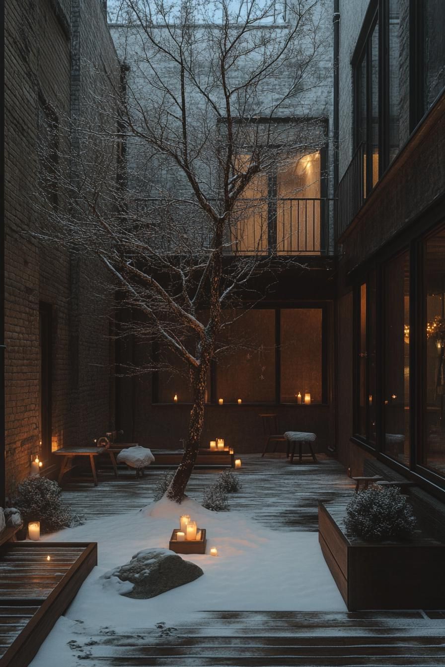 modern inner courtyard in winter with candle lights on decks small tree with snow winter wonderland aesthetic dusk scene 3