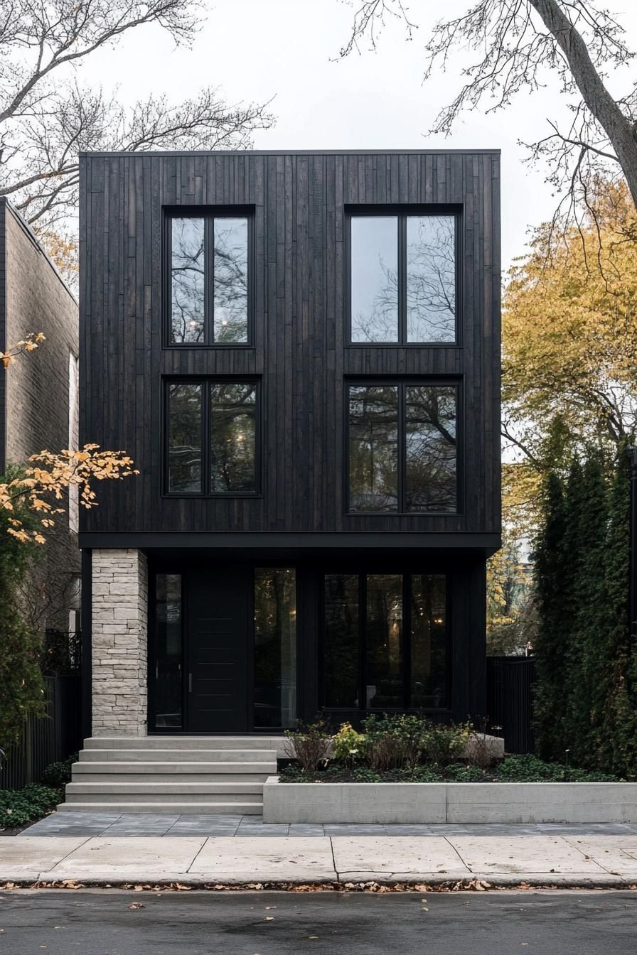 Modern dark facade with large windows and stone accents