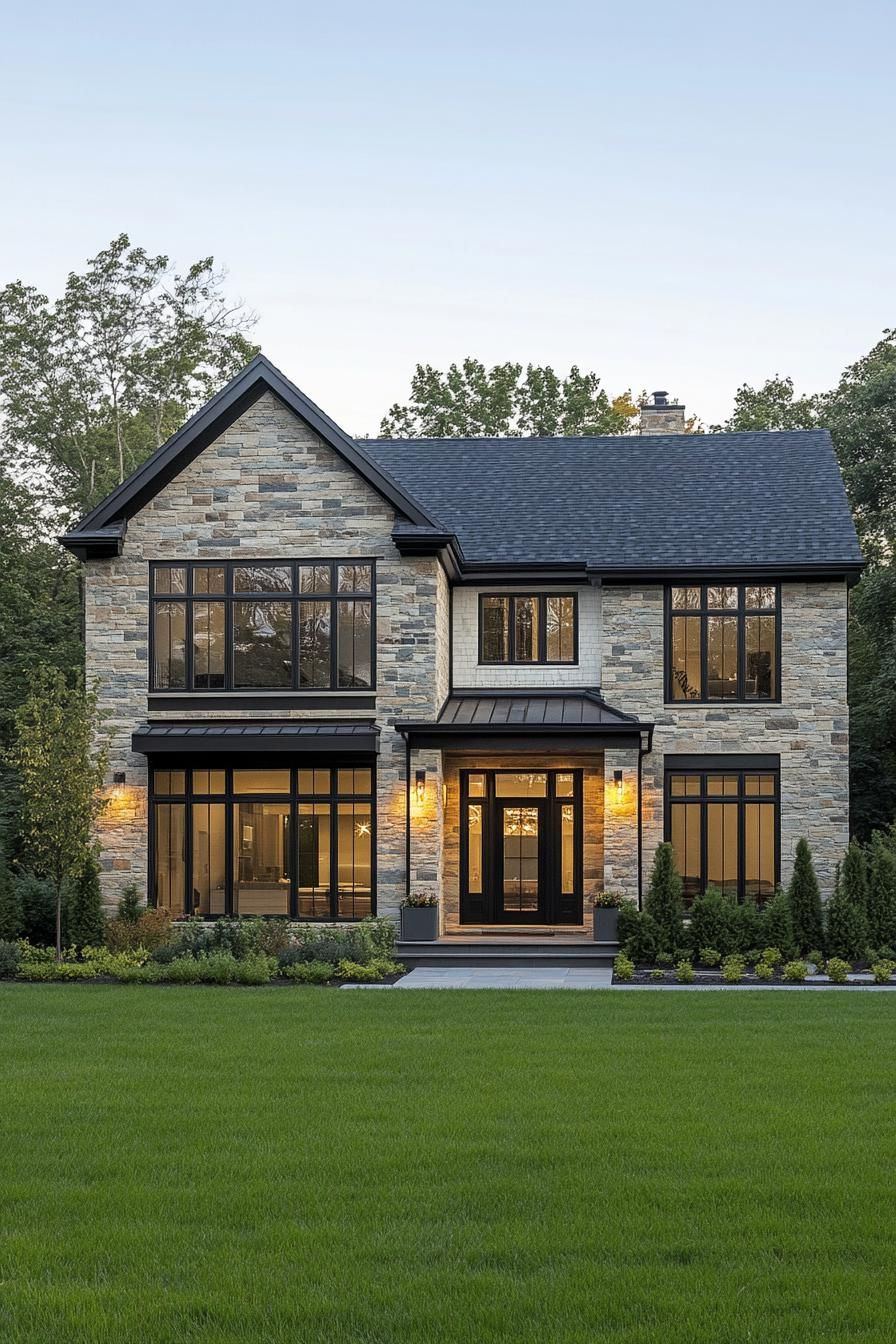 Modern suburban home with stone facade and large windows