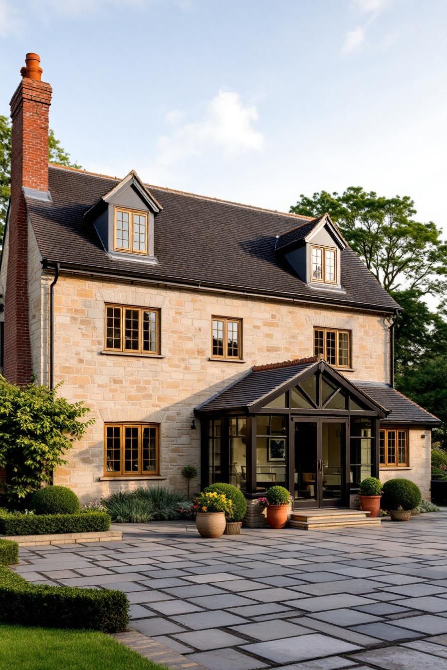 English stone cottage with red brick chimney