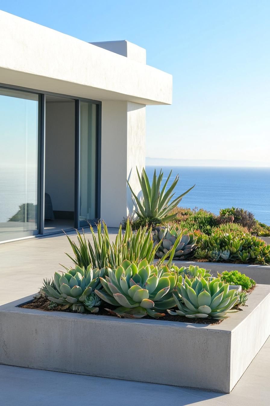 moder rooftop terrace of white concrete building concrete planters with succulents and leafy plants concrete paved ground sliding door to living 3