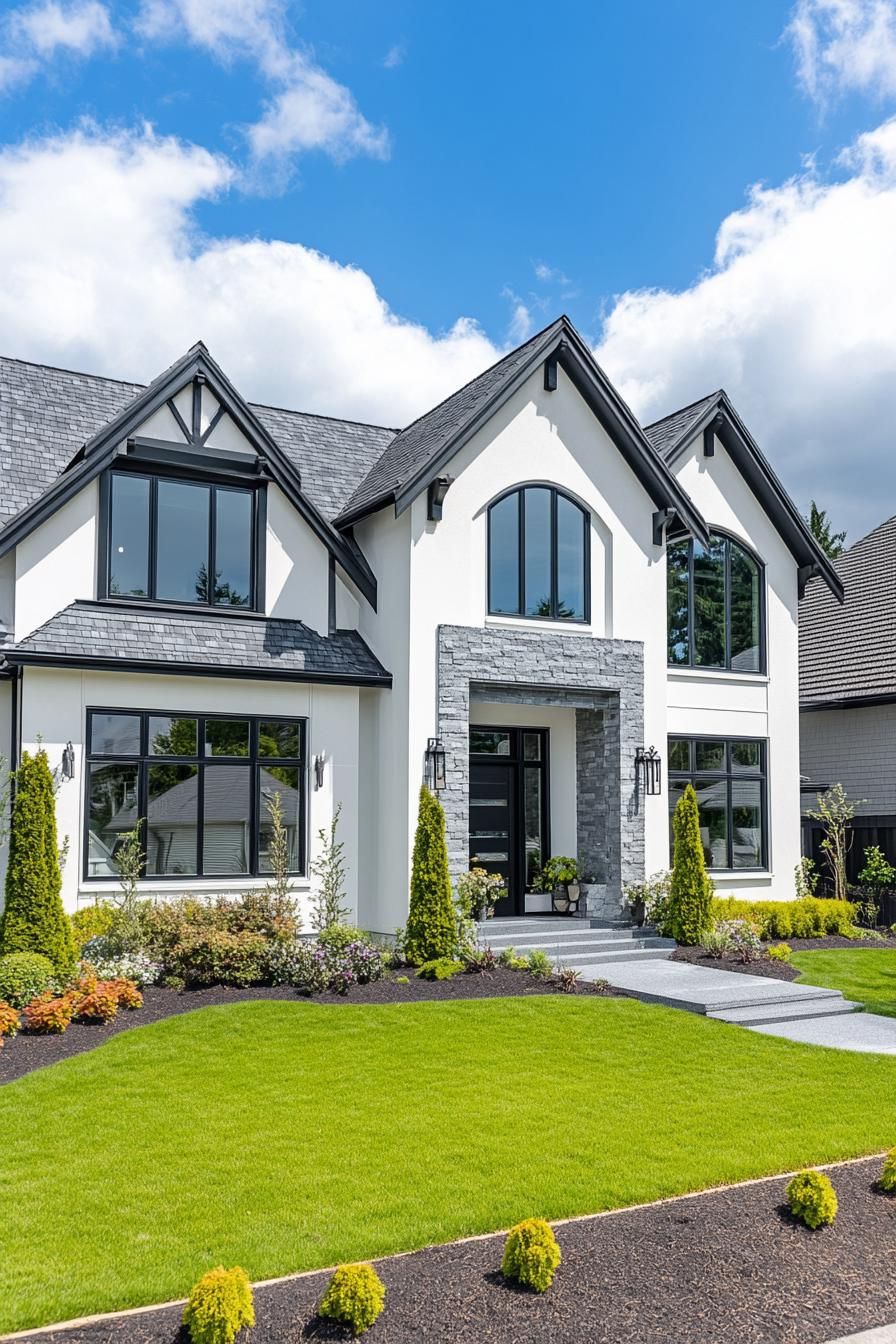 White house with triangular roofs and stone accents