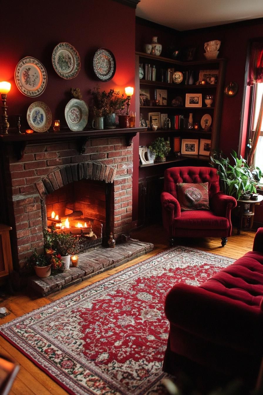 Vintage-style living room with a brick fireplace and dark red decor