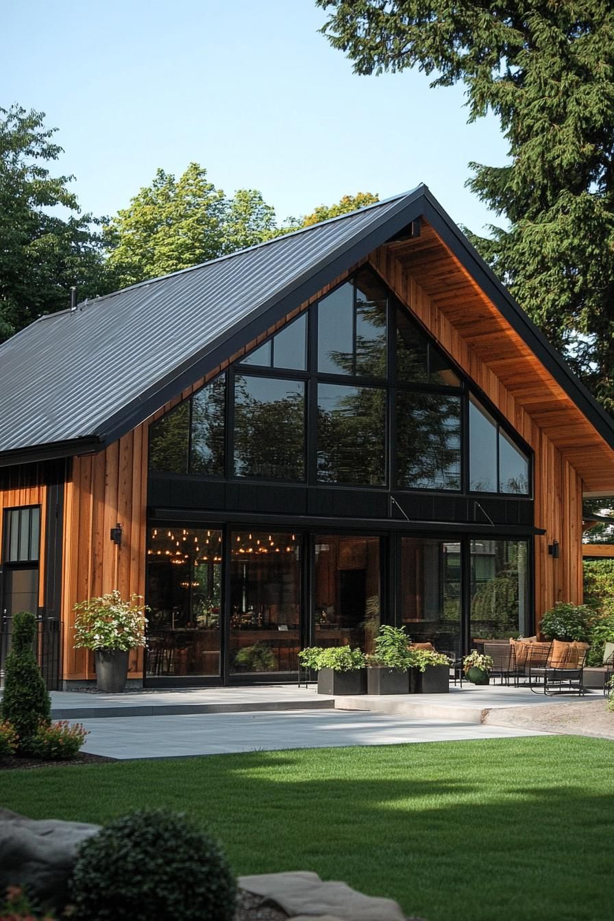 Modern barn house with large glass windows and a sloping roof amidst lush greenery