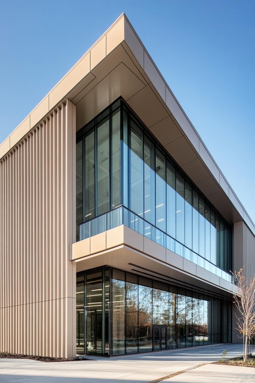 Modern building with large glass windows and beige paneling