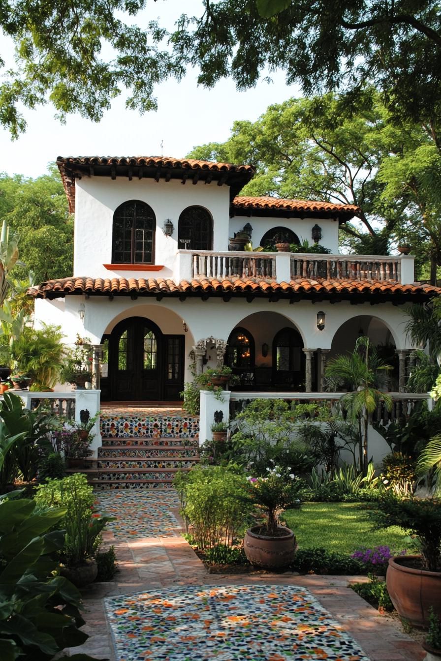 Two-story white house with vibrant tiles and lush greenery