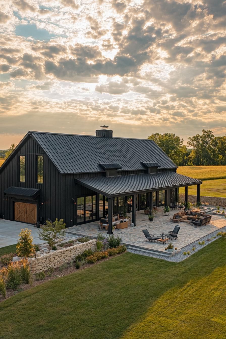 high angle view of a large black shouse barndominium with large side porch large patio and yard stone patio fence large garage doors wide 1