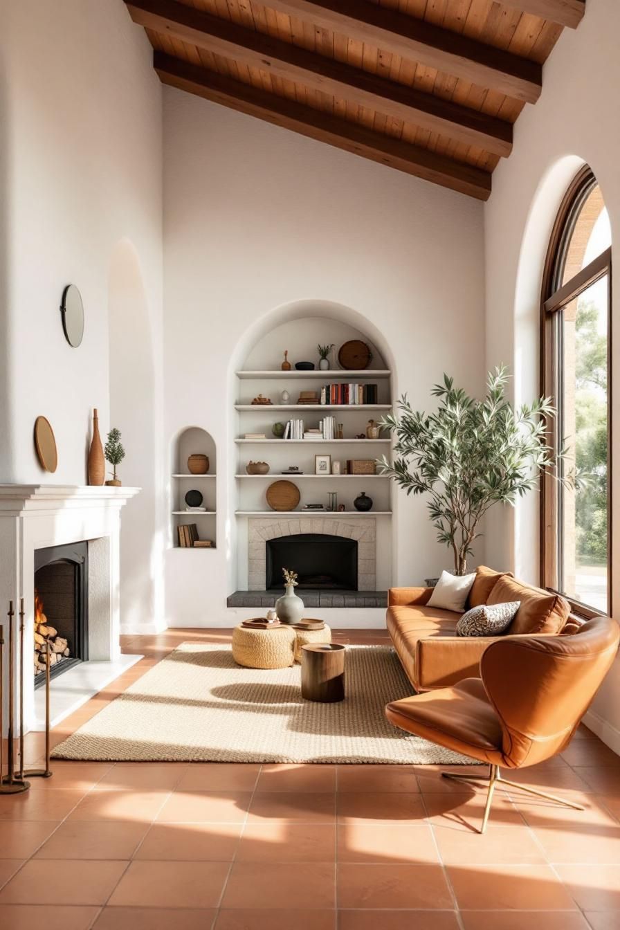 Brightly lit Spanish-style room with terra cotta tiles and wooden beams