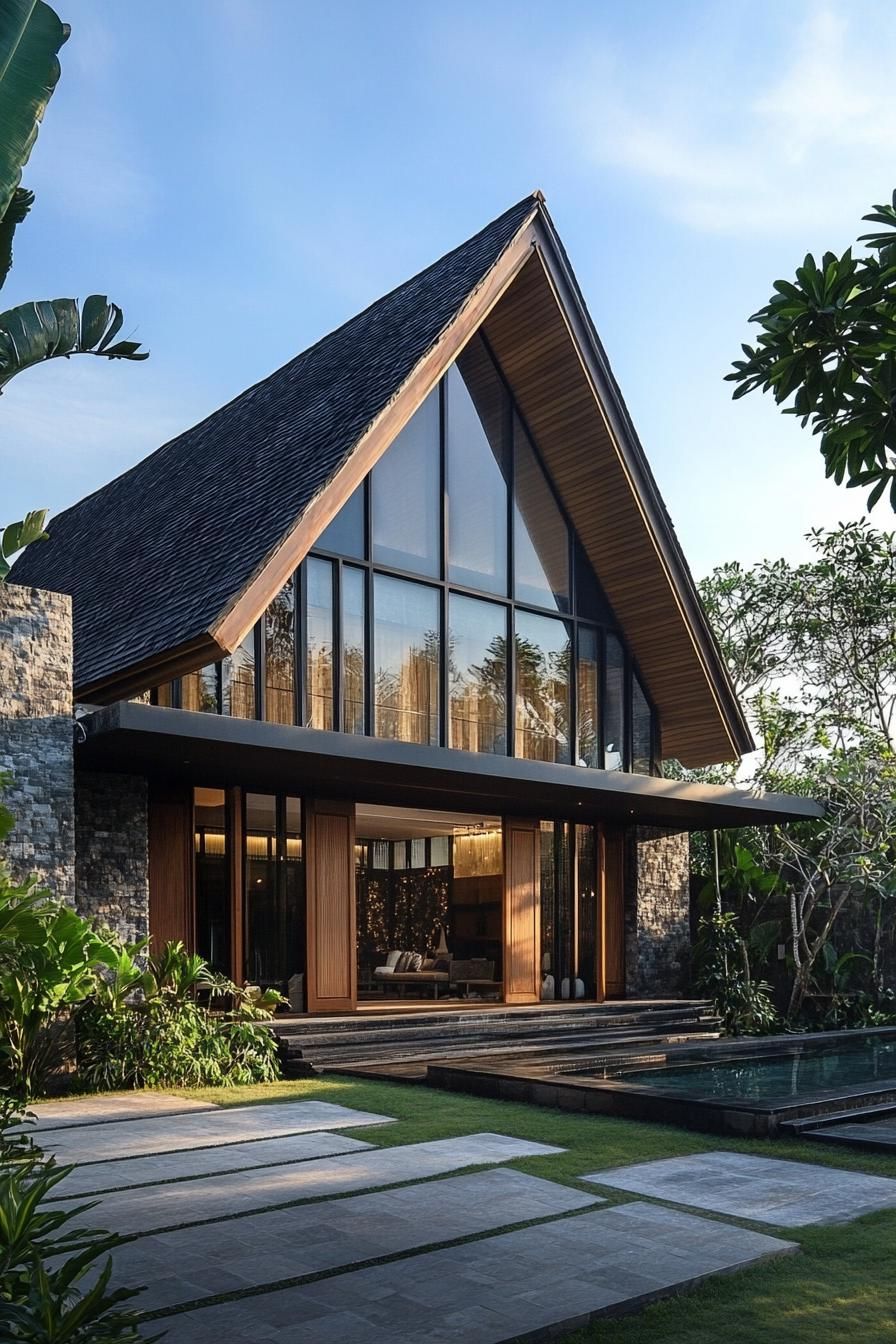 A-frame house with glass front and lush surroundings