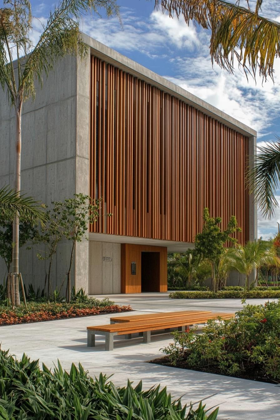 Modern building with vertical wooden slats and lush green landscaping