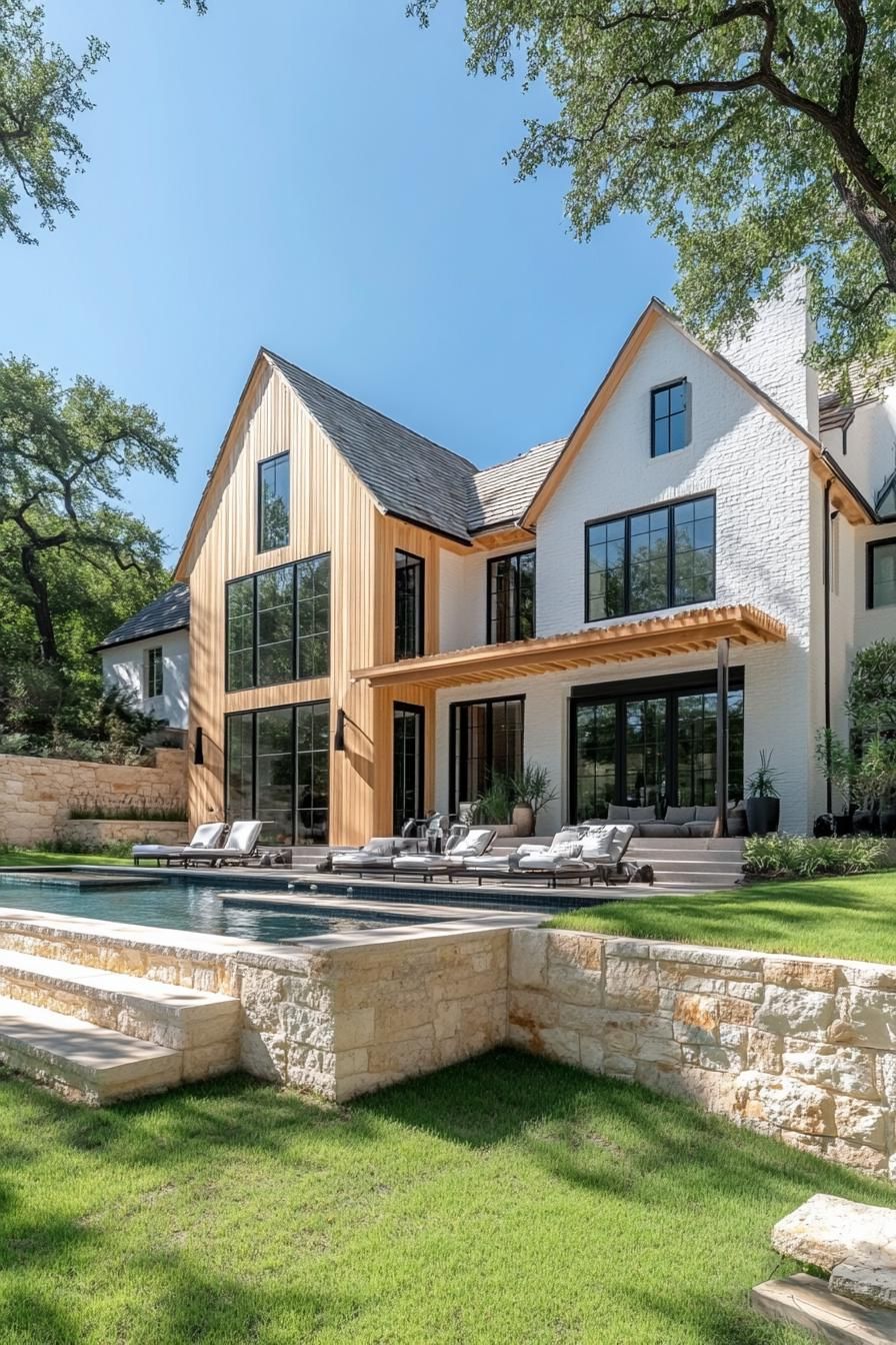 Modern house with pool and wooden siding