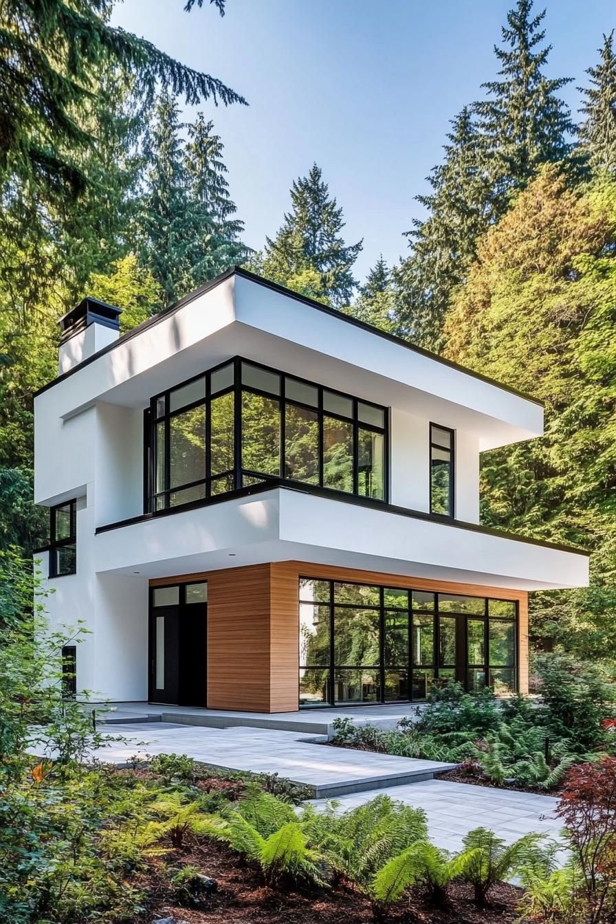 Modern house with black trim in lush greenery