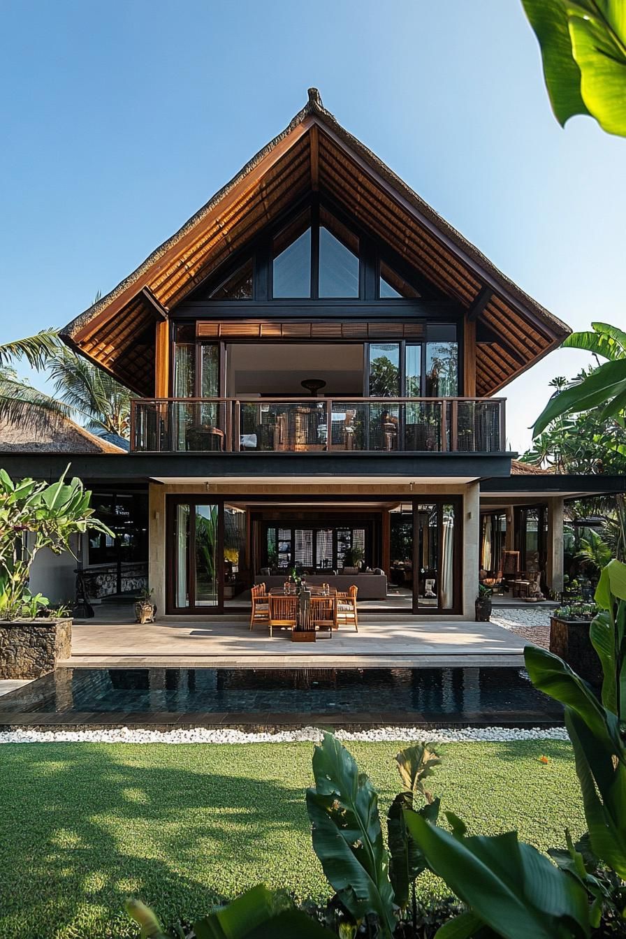 Tropical villa with thatched roof and glass accents