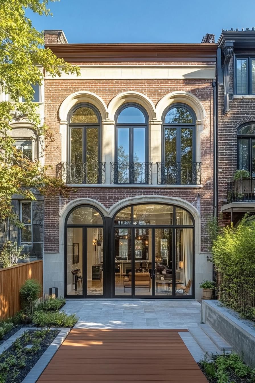 Townhouse with arched windows and patio