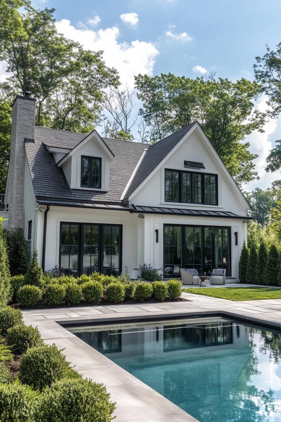 modern white european cottage with large white trim windows paved backyard with a pool geometric shrubs and tall trees