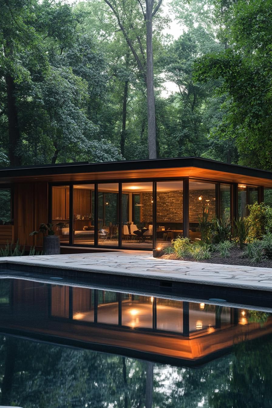 Modern pool house illuminated at dusk, surrounded by lush trees