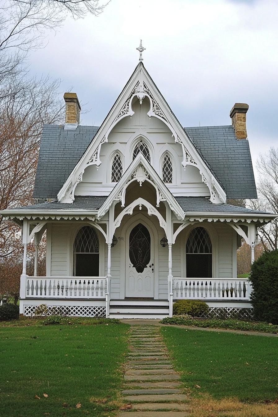 A quaint Gothic-style house with decorative trim and pointed arches