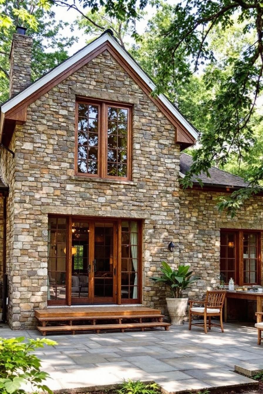 Stone cottage with wooden windows and patio