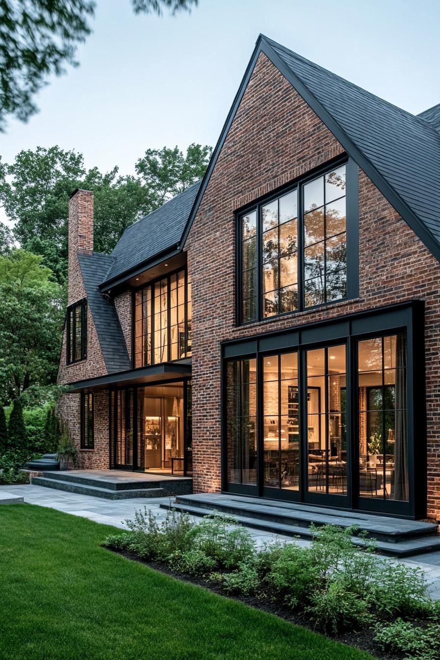 Modern suburban house with large windows and brick exterior