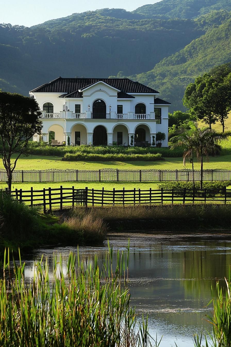 Elegant white mansion on expansive green landscape with a picturesque pond