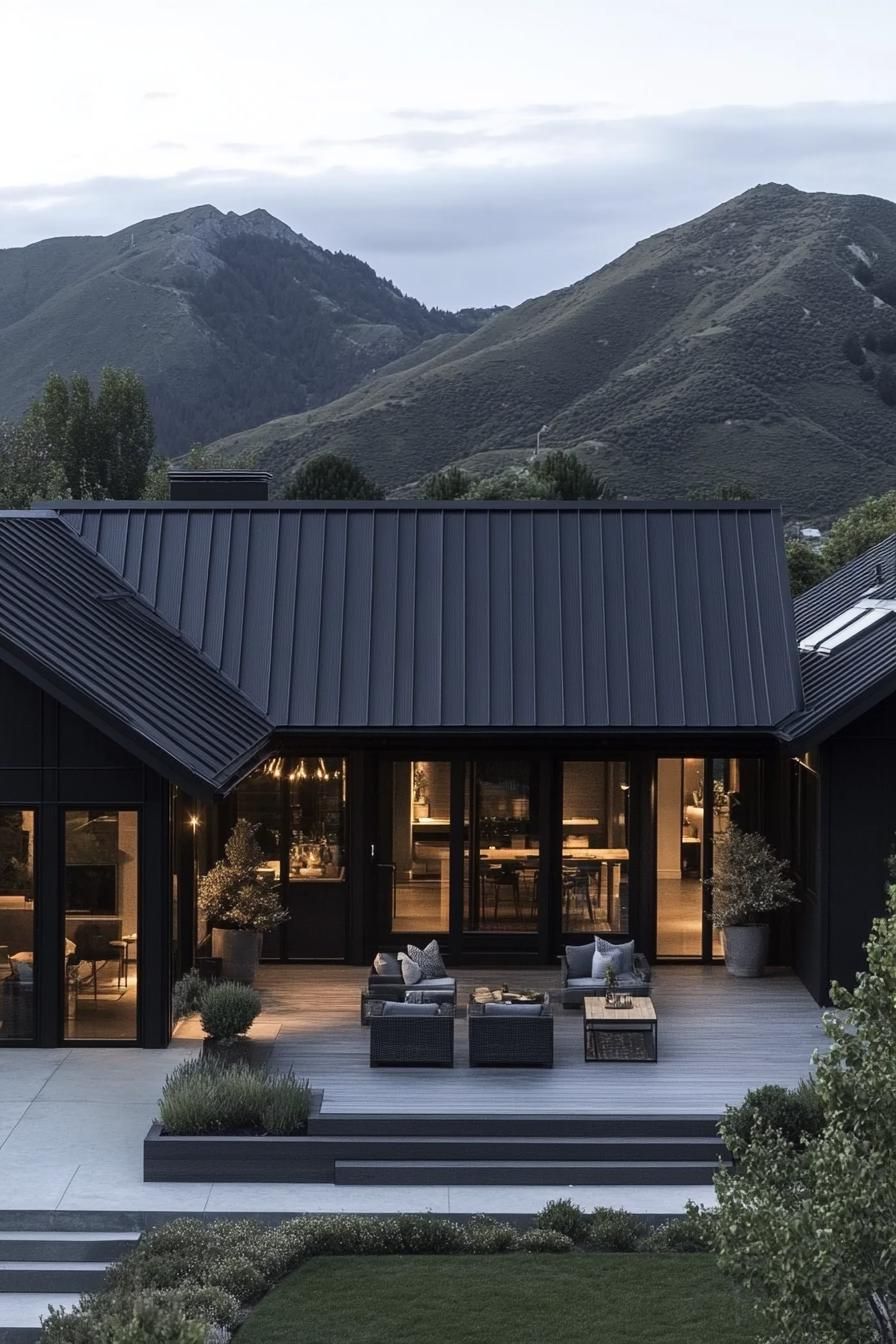 high angle view of a black modern farmhouse with black metal multi pitch roof large porch with wood beam posts courtyard with shrubs and garden 1