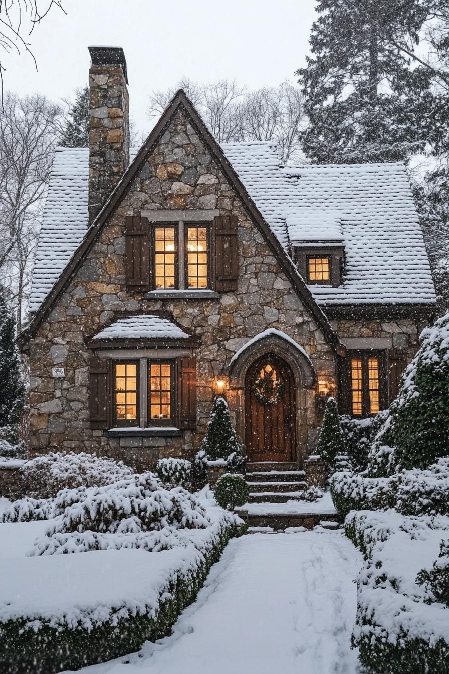 Charming stone house with snow-covered roof and glowing windows