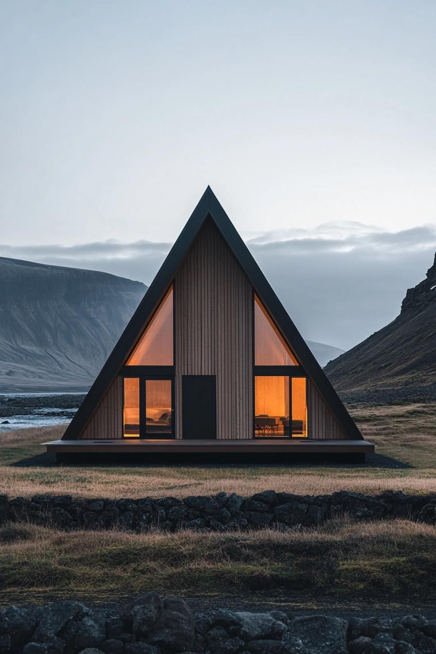 a frame house facade with light oak cladding stunning Icelandic landscape