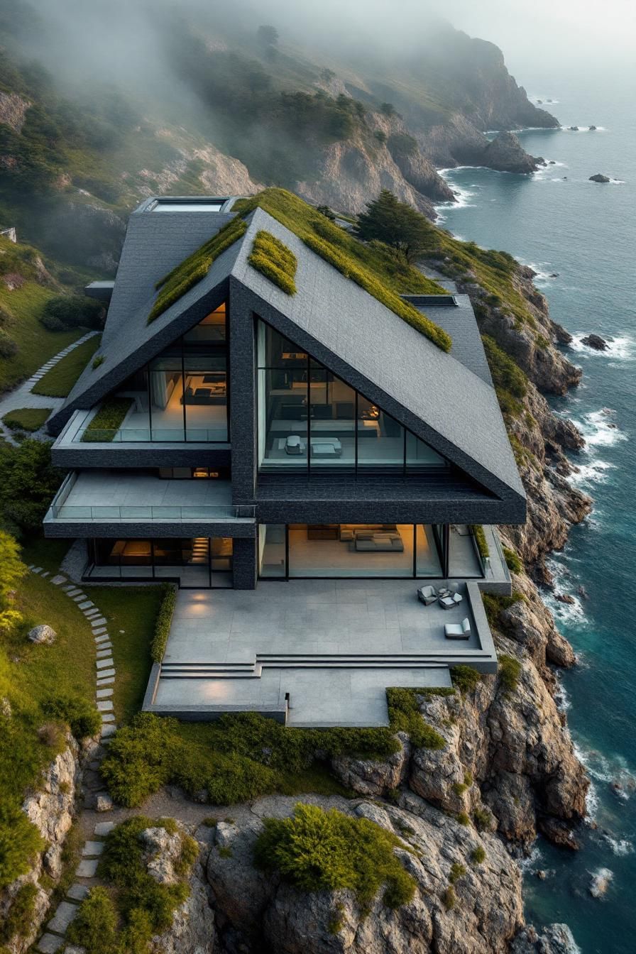 Modern concrete house beside rocky coastline