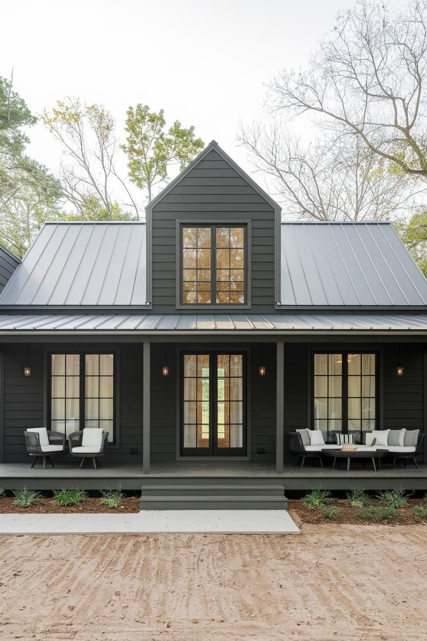 Chic dark-colored cottage with stylish porch seating