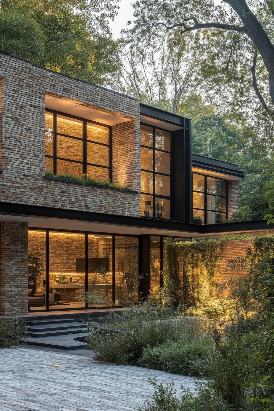 Contemporary house with large windows and lush greenery