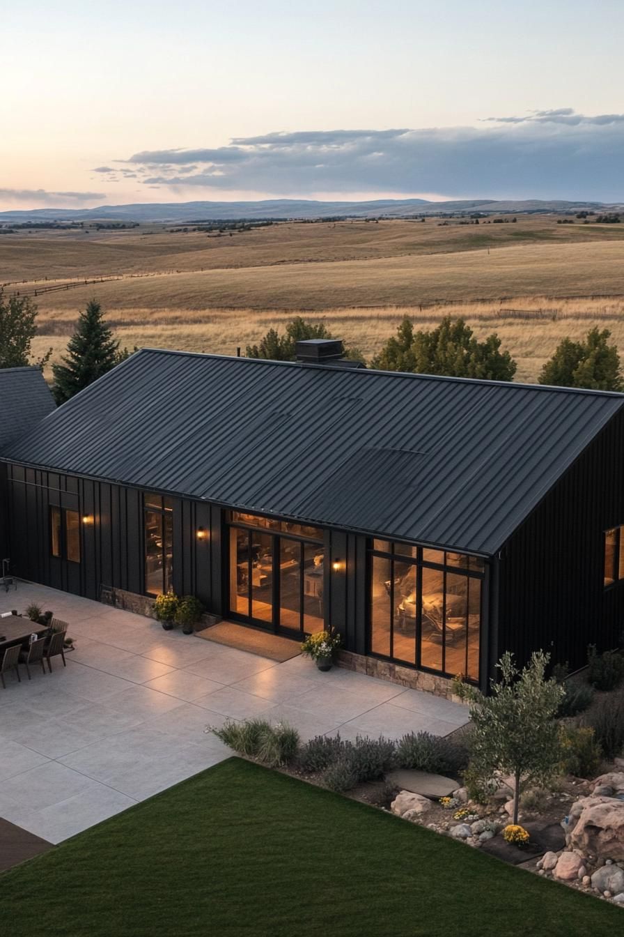 Modern ranch house with expansive windows and metal roof