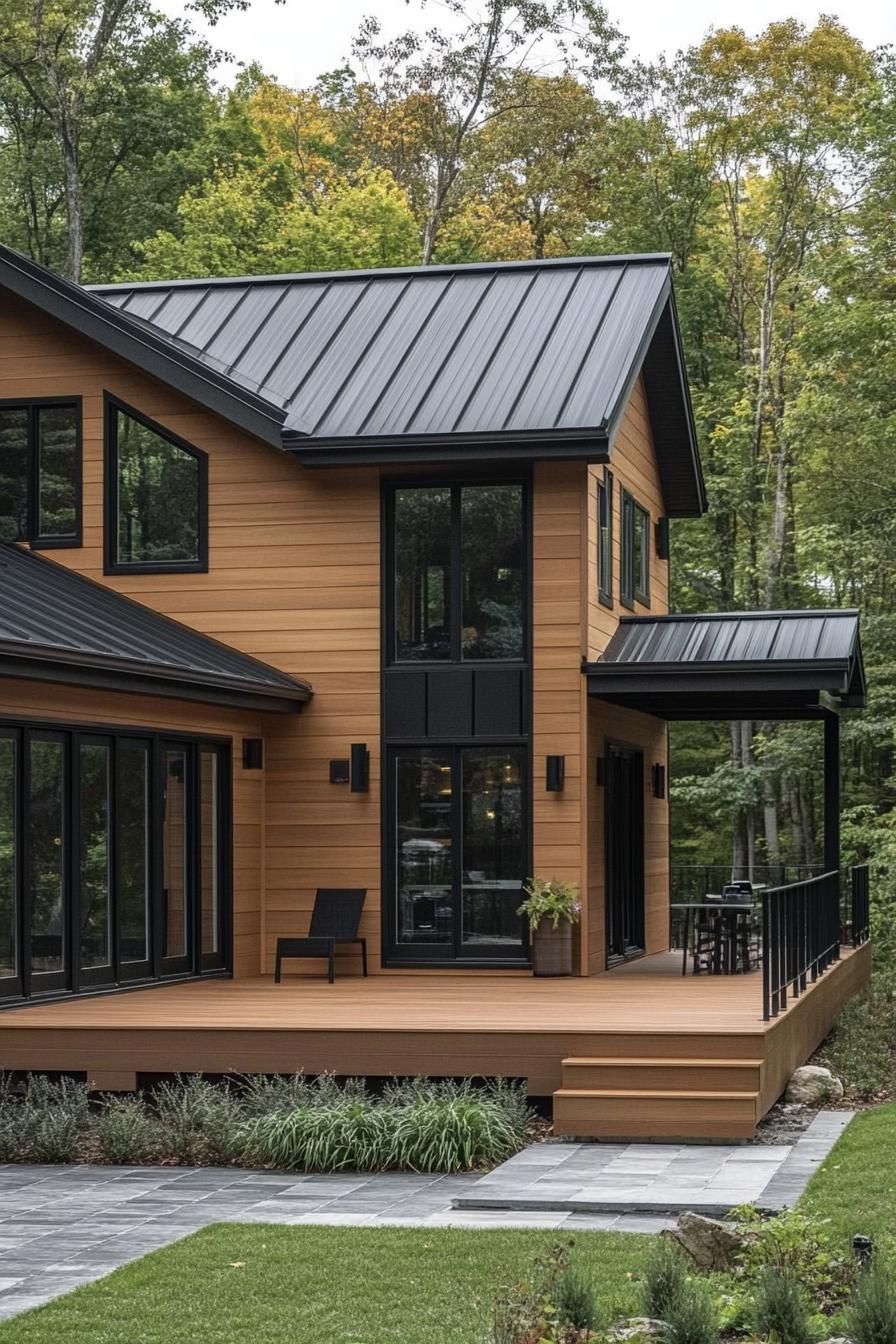 contemporary house exterior with natural wood siding black saltbox roof large modern windows in black trim raised deck with black metal railings 1