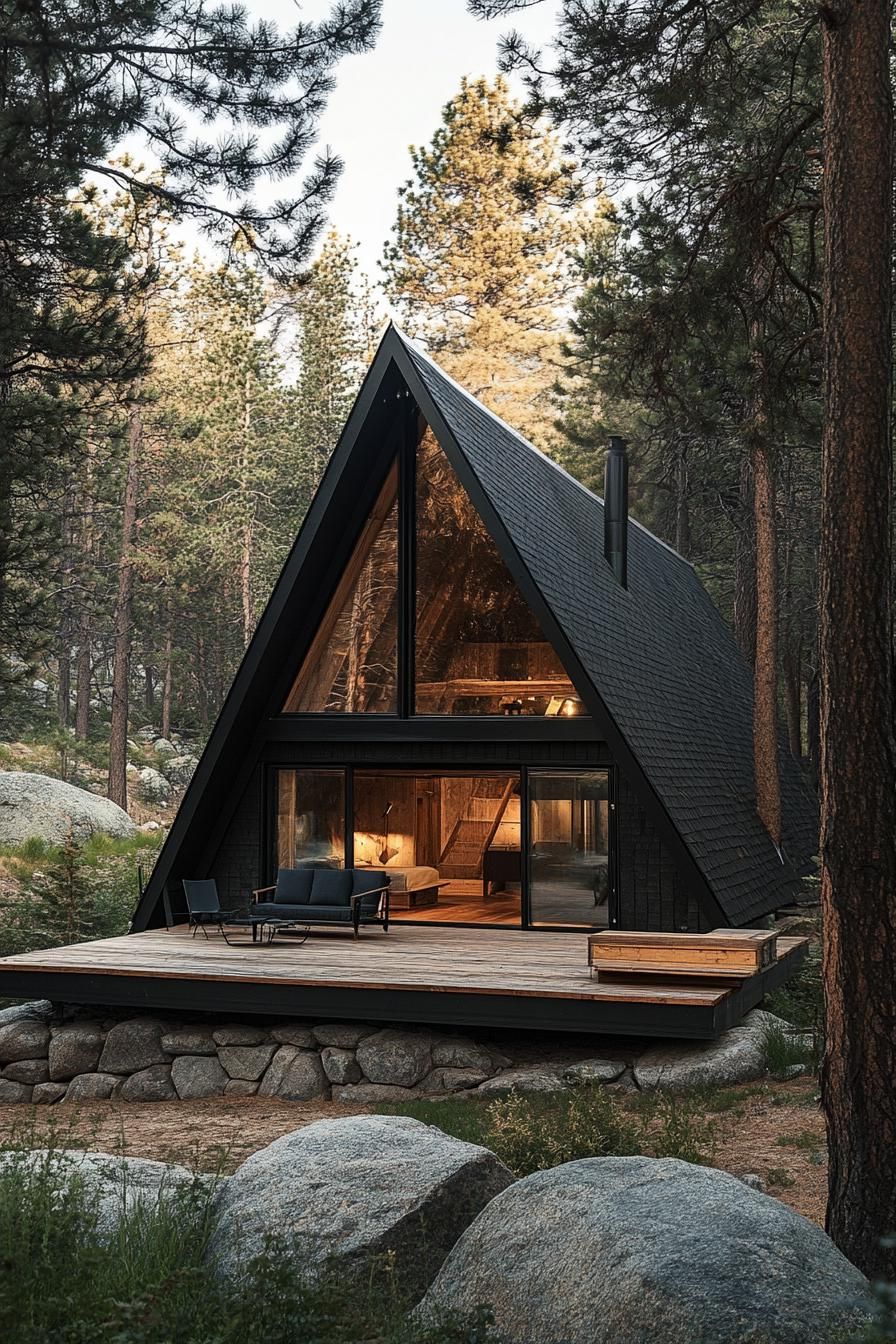 modern tiny a frame cabin with eave on a raised deck on stone foundations roof with chimney v 6.1