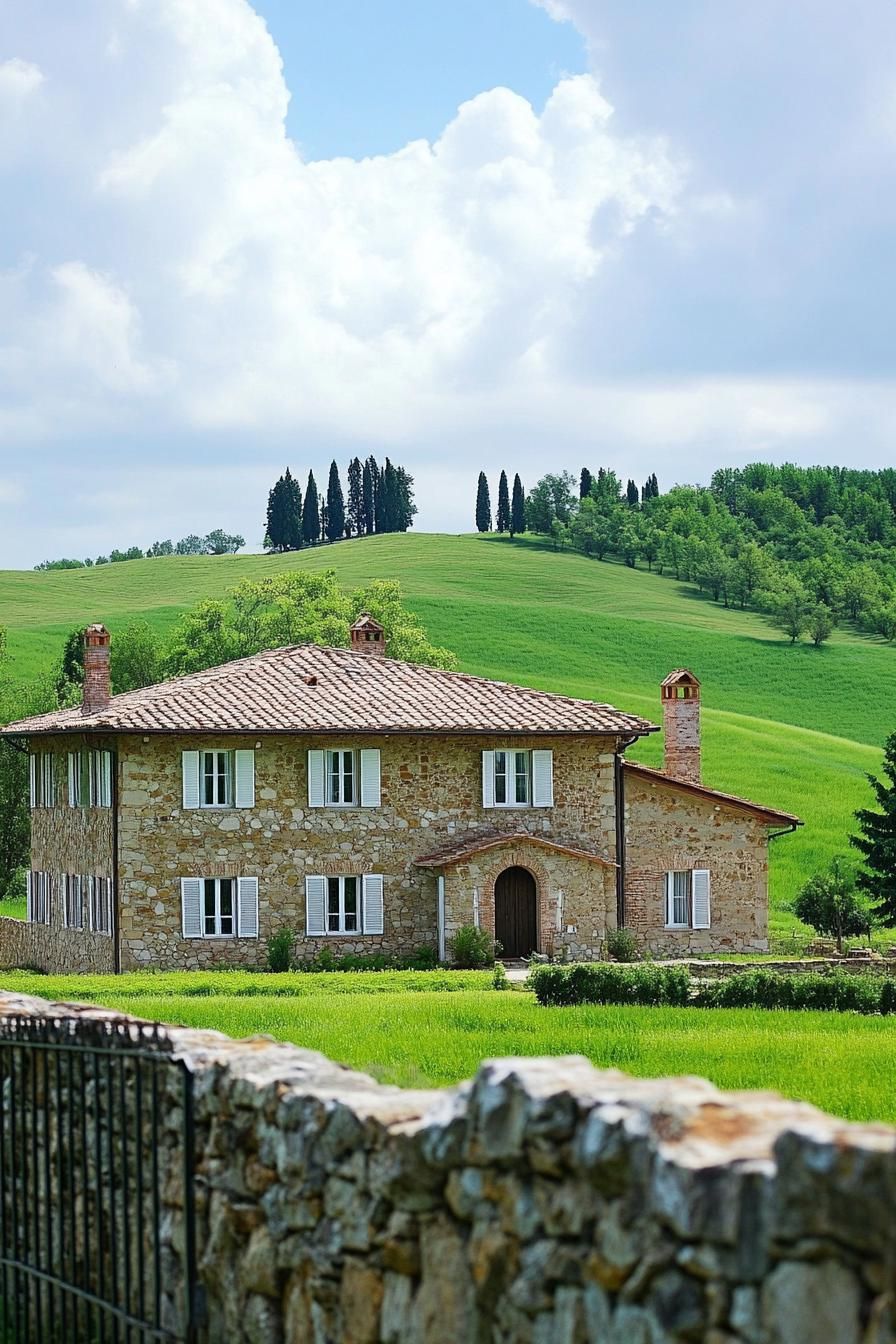 countryside Tuscan stone house with white windows large stone fence green hills in the background with trees