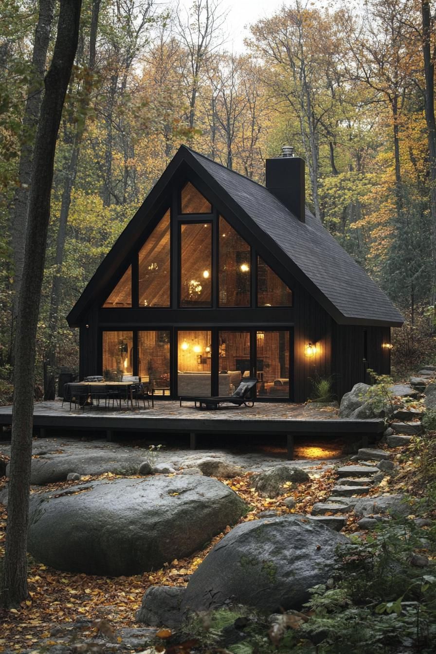 A modern A-frame cabin surrounded by autumn trees