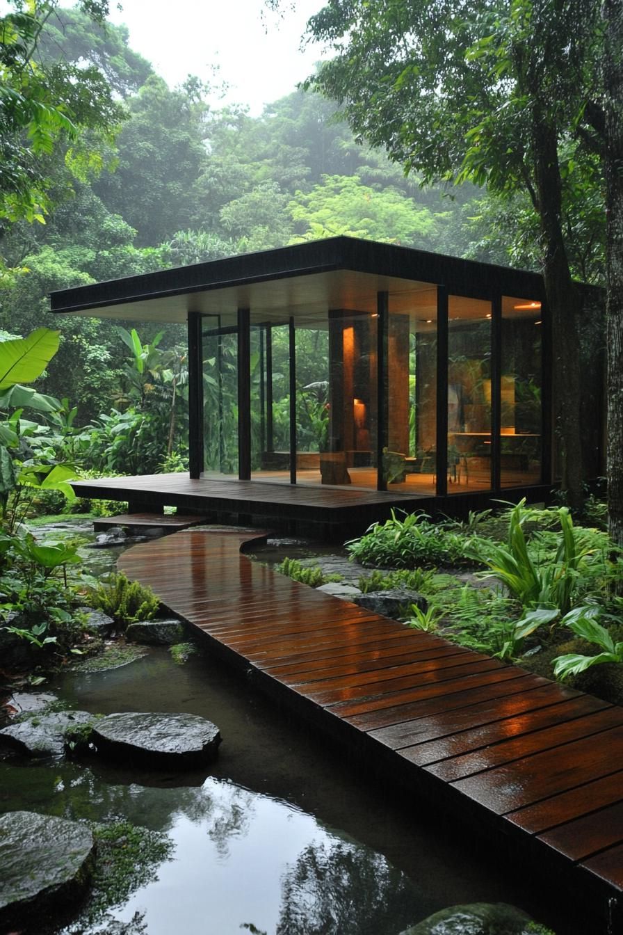 Modern pavilion in lush rainforest setting