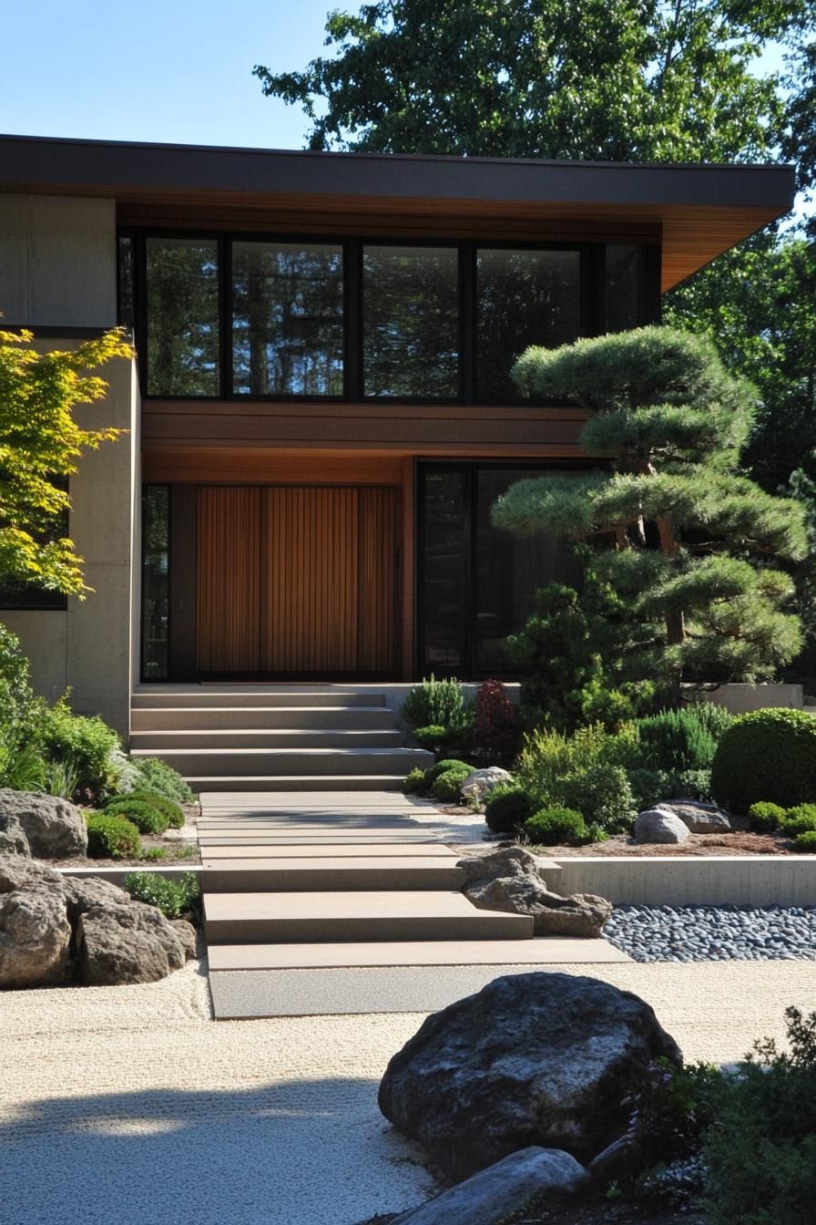 Contemporary minimalist house surrounded by lush greenery